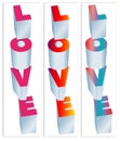 Here are three versions of the word Ã¢â¬ÅLOVEÃ¢â¬Â in 3-d block letters in different colors